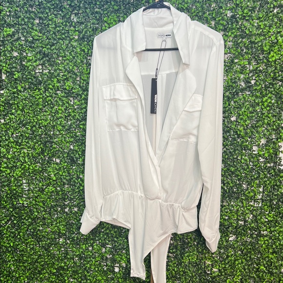Fashion Nova Business Brunch Collared Bodysuit Ivory White side 1X - Picture 1 of 8